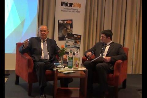 Peter Keller (left), executive vice president Tote Inc and chairman of SEA\LNG speaks to Gavin Lipsith, editor, The Motorship